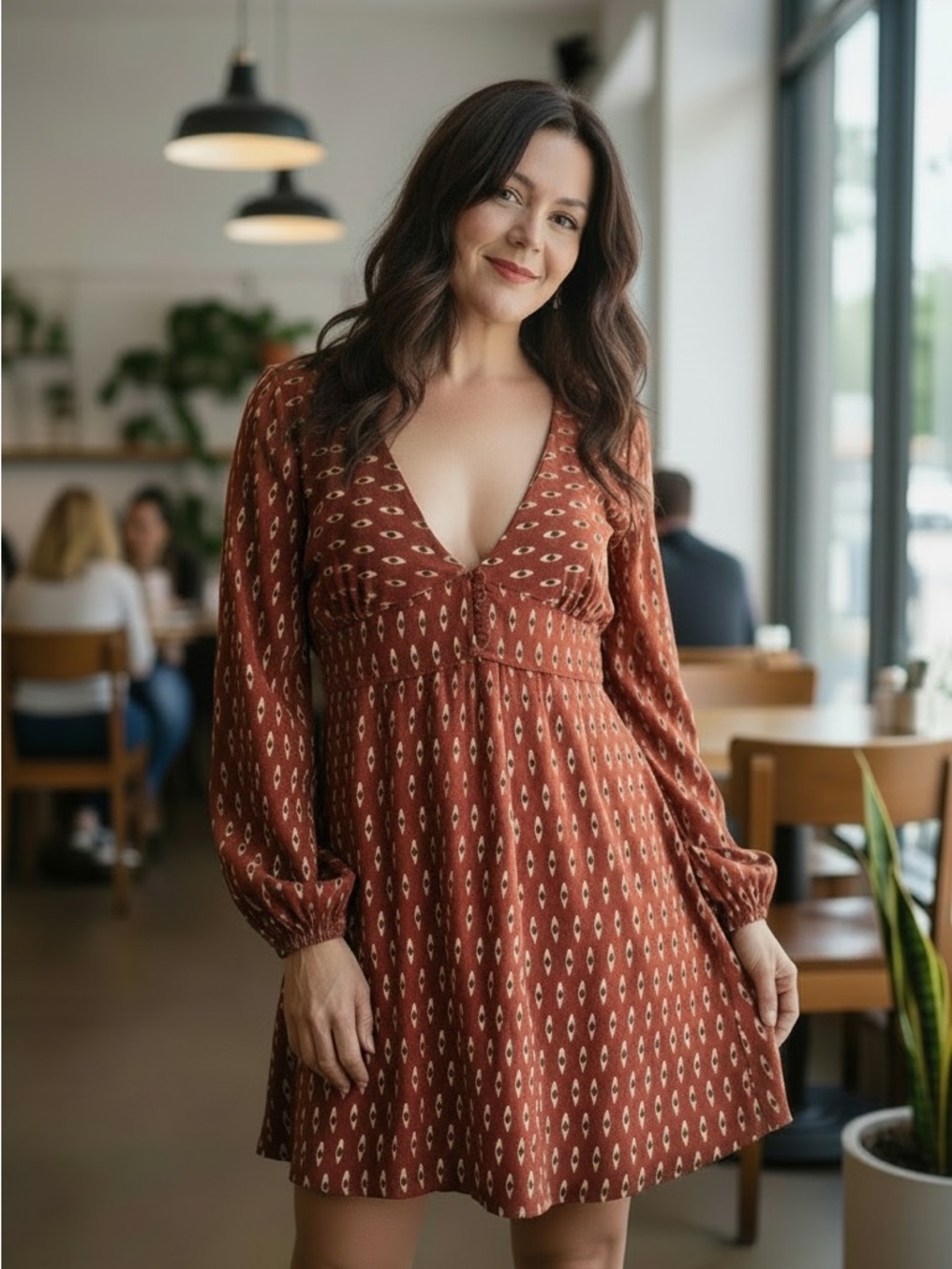 Rust Printed V-Neck Mini Dress Billowy Sleeves Boho/Country Girl Vibes